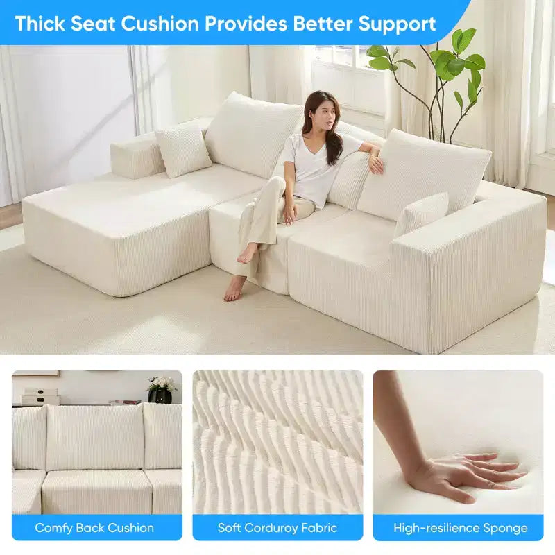 Mjkone 108Corduroy Fabric Sectional Couch with Chaise Lounge3-Pieces Free-Combined Cloud Modular L-Shaped Sofa