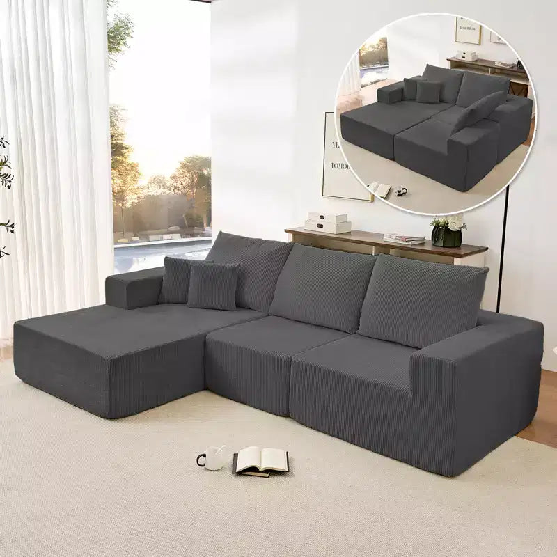 Mjkone 108Corduroy Fabric Sectional Couch with Chaise Lounge3-Pieces Free-Combined Cloud Modular L-Shaped Sofa