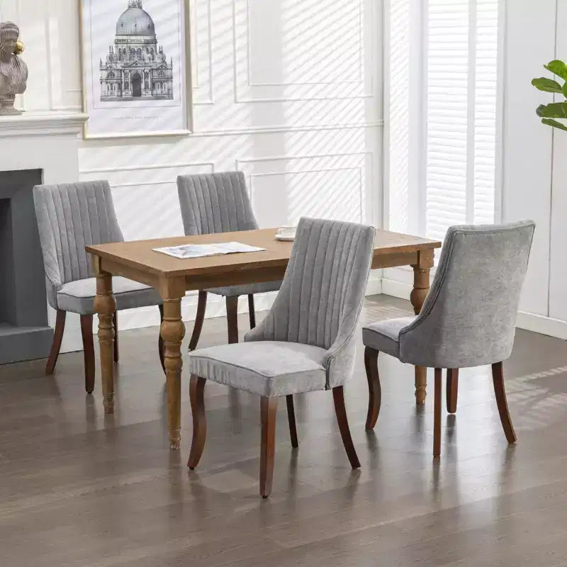Okak Flocking Linen Dining Chairs Set of 2, Modern Kitchen Chairs with Comfy Fabric Upholstered, Accent Chairs with Curved Solid Wood Legs