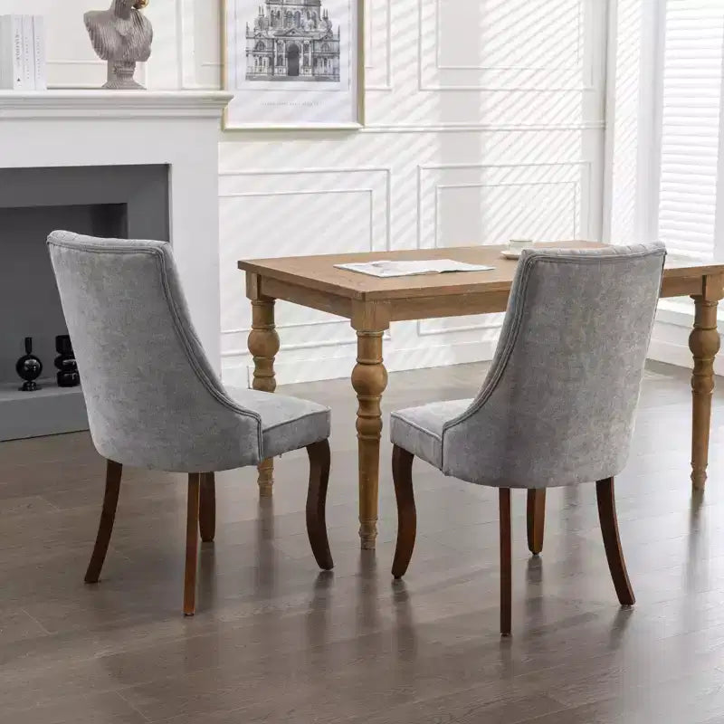 Okak Flocking Linen Dining Chairs Set of 2, Modern Kitchen Chairs with Comfy Fabric Upholstered, Accent Chairs with Curved Solid Wood Legs