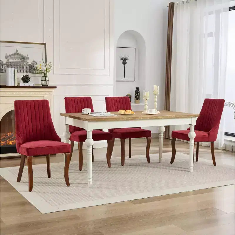 Okak Flocking Linen Dining Chairs Set of 2, Modern Kitchen Chairs with Comfy Fabric Upholstered, Accent Chairs with Curved Solid Wood Legs
