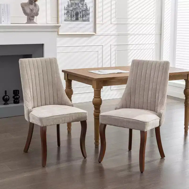 Okak Flocking Linen Dining Chairs Set of 2, Modern Kitchen Chairs with Comfy Fabric Upholstered, Accent Chairs with Curved Solid Wood Legs