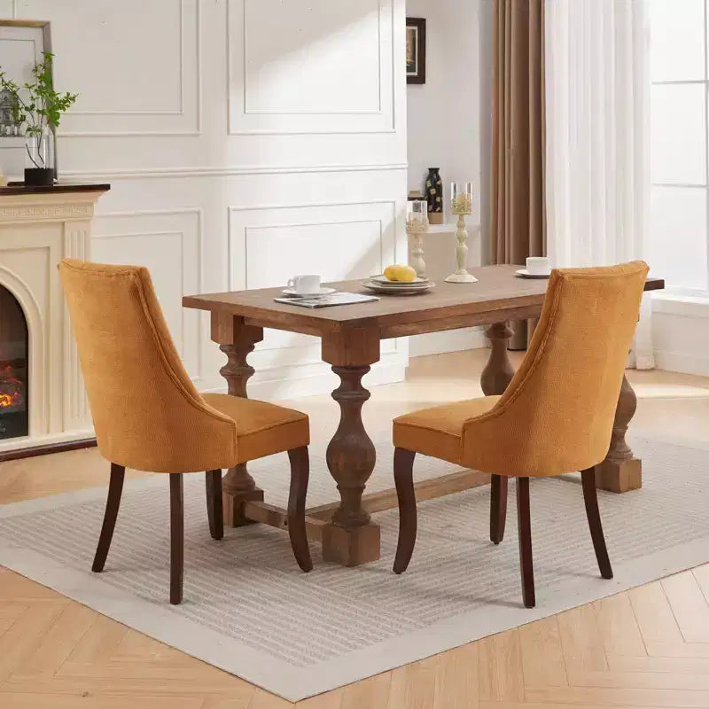 Okak Flocking Linen Dining Chairs Set of 2, Modern Kitchen Chairs with Comfy Fabric Upholstered, Accent Chairs with Curved Solid Wood Legs