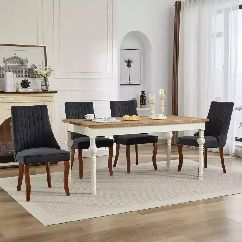 Okak Flocking Linen Dining Chairs Set of 2, Modern Kitchen Chairs with Comfy Fabric Upholstered, Accent Chairs with Curved Solid Wood Legs