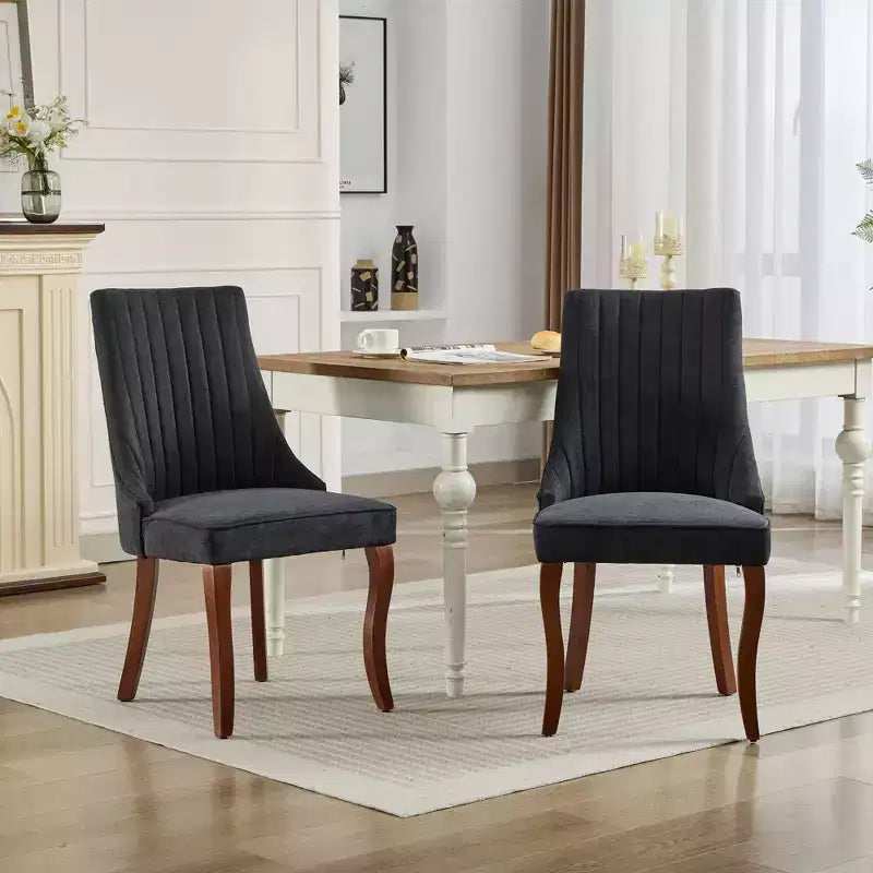 Okak Flocking Linen Dining Chairs Set of 2, Modern Kitchen Chairs with Comfy Fabric Upholstered, Accent Chairs with Curved Solid Wood Legs