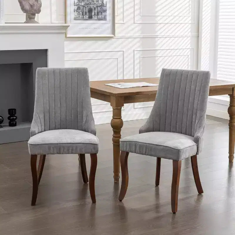 Okak Flocking Linen Dining Chairs Set of 2, Modern Kitchen Chairs with Comfy Fabric Upholstered, Accent Chairs with Curved Solid Wood Legs