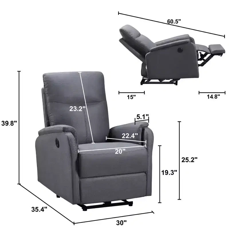 Whisen Power Recliner Chair with USB Ports, Easy-Clean, Space-Saving & Head-Support Design