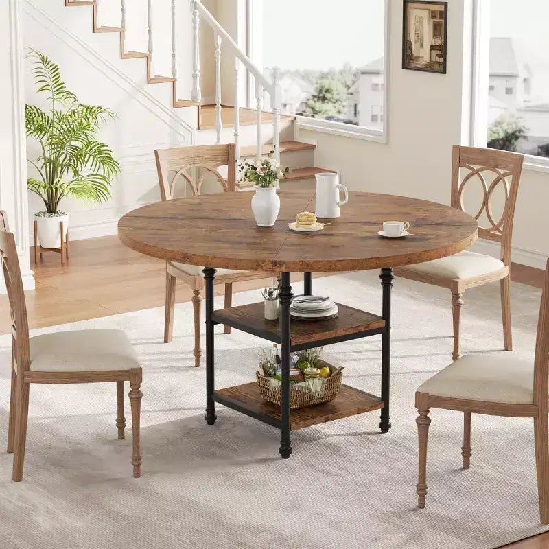Round Dining Table for 4-6, Wooden Round Kitchen Table,3-Layer Modern Dinner Table with Storage Shelves, for Dining Room, Living Room(Table Only)