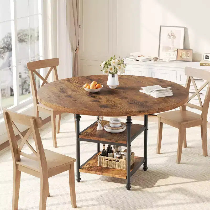 Round Dining Table for 4-6, Wooden Round Kitchen Table,3-Layer Modern Dinner Table with Storage Shelves, for Dining Room, Living Room(Table Only)
