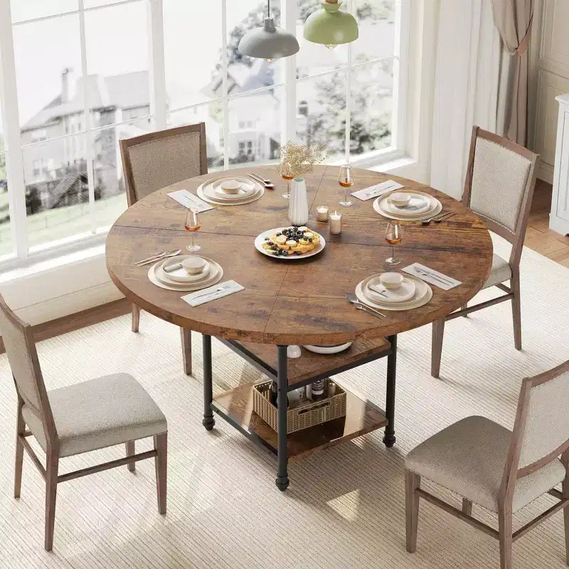 Round Dining Table for 4-6, Wooden Round Kitchen Table,3-Layer Modern Dinner Table with Storage Shelves, for Dining Room, Living Room(Table Only)