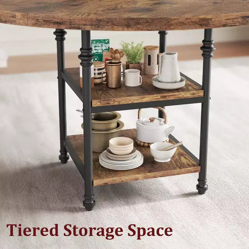Round Dining Table for 4-6, Wooden Round Kitchen Table,3-Layer Modern Dinner Table with Storage Shelves, for Dining Room, Living Room(Table Only)