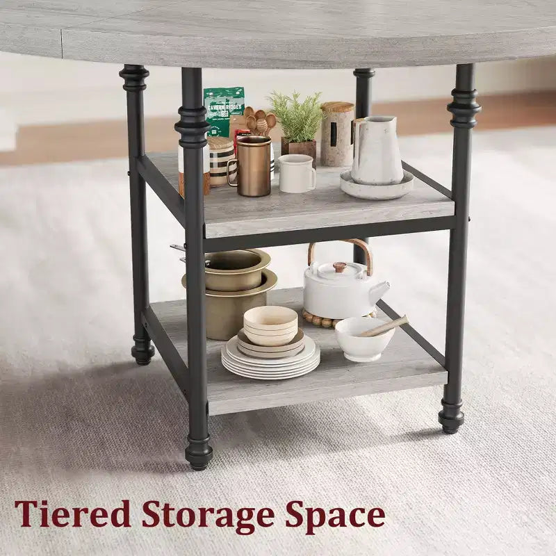 Round Dining Table for 4-6, Wooden Round Kitchen Table,3-Layer Modern Dinner Table with Storage Shelves, for Dining Room, Living Room(Table Only)
