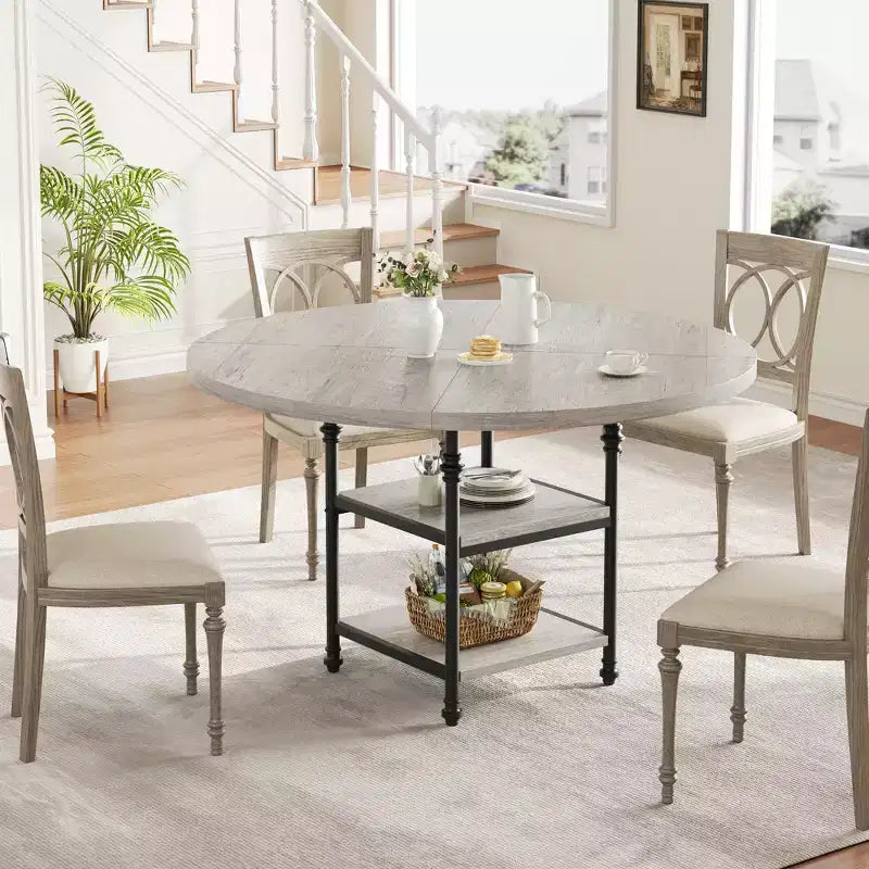 Round Dining Table for 4-6, Wooden Round Kitchen Table,3-Layer Modern Dinner Table with Storage Shelves, for Dining Room, Living Room(Table Only)
