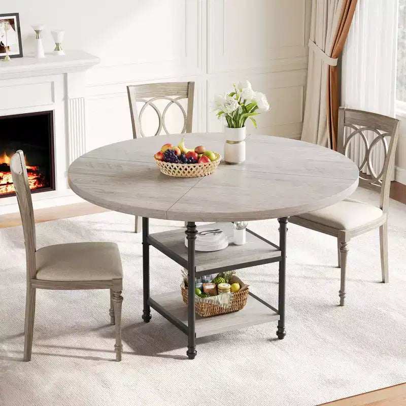 Round Dining Table for 4-6, Wooden Round Kitchen Table,3-Layer Modern Dinner Table with Storage Shelves, for Dining Room, Living Room(Table Only)