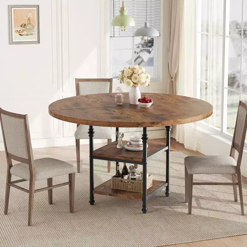 Round Dining Table for 4-6, Wooden Round Kitchen Table,3-Layer Modern Dinner Table with Storage Shelves, for Dining Room, Living Room(Table Only)