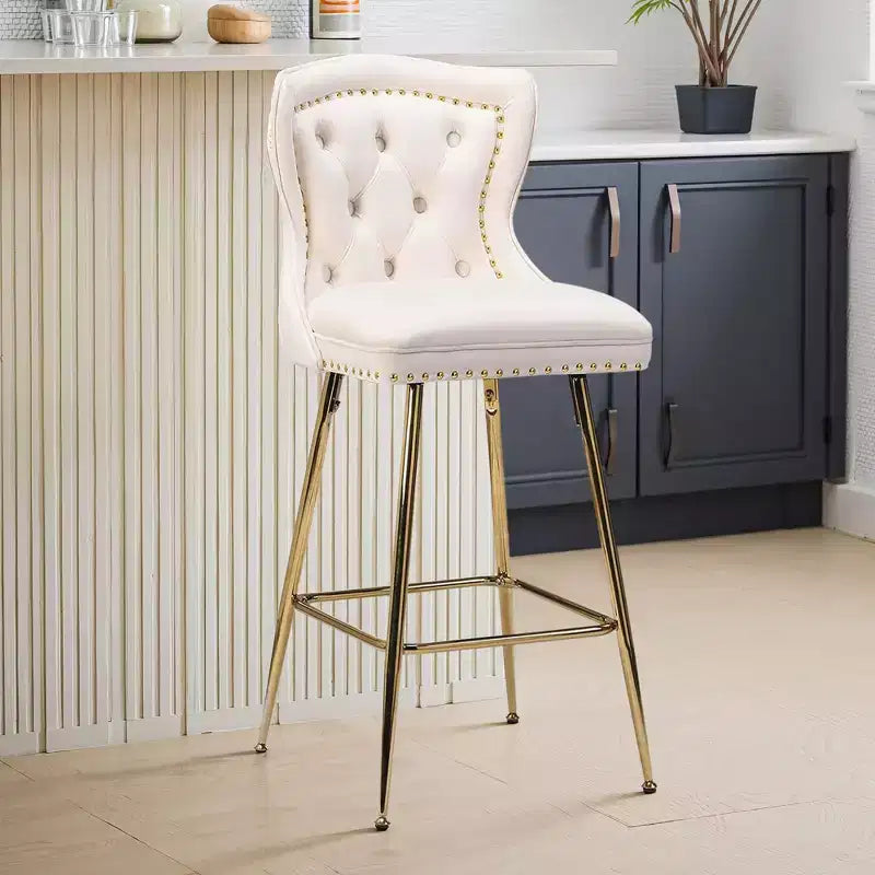 MAYEERTY Beige Velvet Bar Stools Set of 2, Button-Tufted Wing-Back,Metal Legs for Kitchen Island & Pub