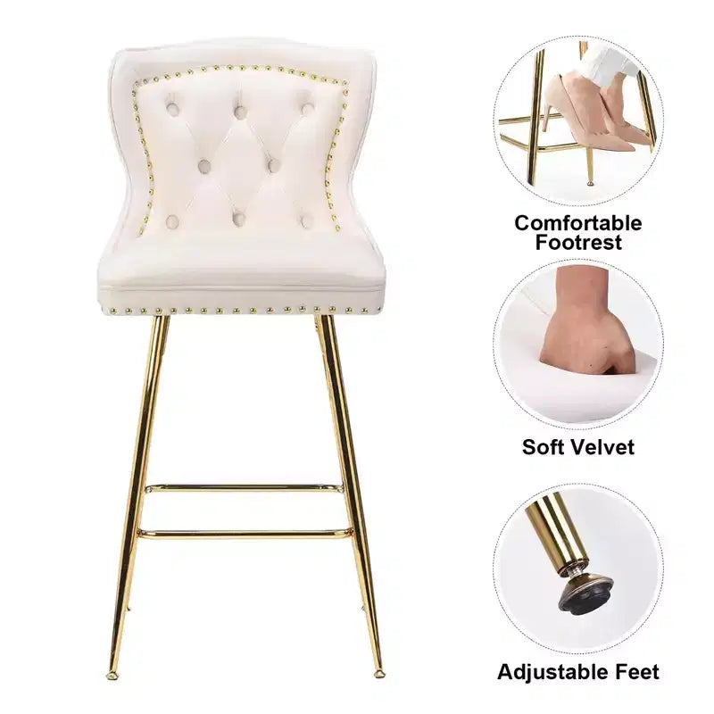 MAYEERTY Beige Velvet Bar Stools Set of 2, Button-Tufted Wing-Back,Metal Legs for Kitchen Island & Pub