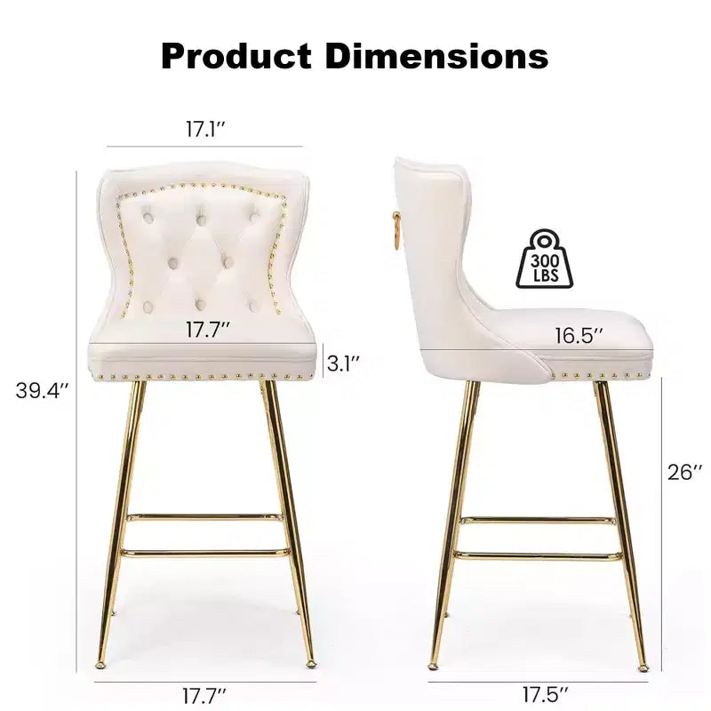 MAYEERTY Beige Velvet Bar Stools Set of 2, Button-Tufted Wing-Back,Metal Legs for Kitchen Island & Pub