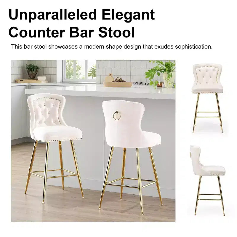 MAYEERTY Beige Velvet Bar Stools Set of 2, Button-Tufted Wing-Back,Metal Legs for Kitchen Island & Pub