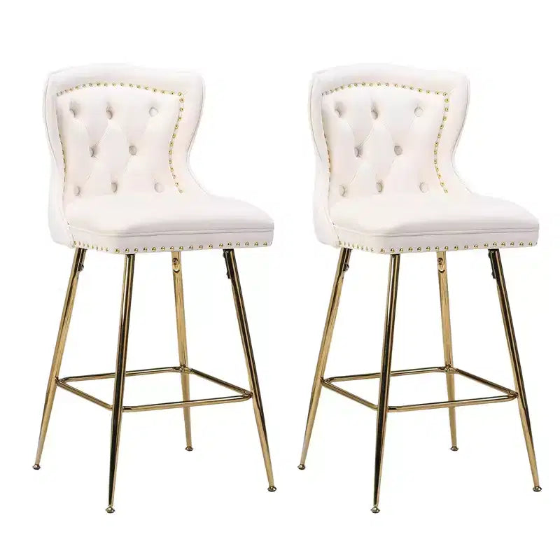 MAYEERTY Beige Velvet Bar Stools Set of 2, Button-Tufted Wing-Back,Metal Legs for Kitchen Island & Pub