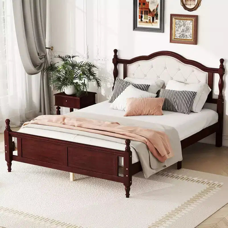MATEERTY Queen Pine Wooden Bed with Panel Footboard with Two Bed Rail Support Feet and Central Platform Support Feet Brown