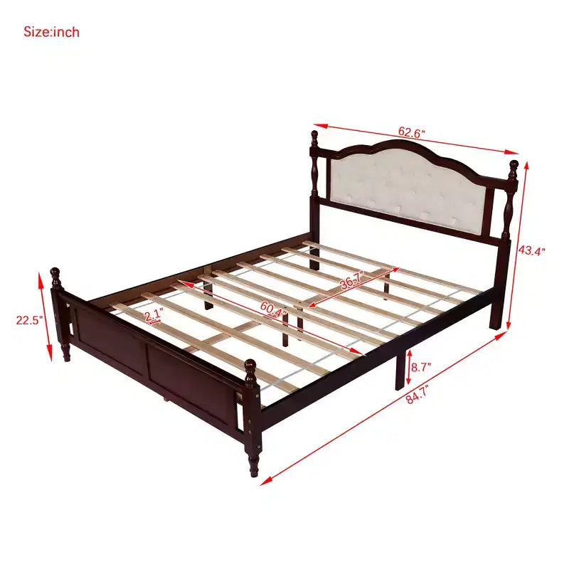 MATEERTY Queen Pine Wooden Bed with Panel Footboard with Two Bed Rail Support Feet and Central Platform Support Feet Brown