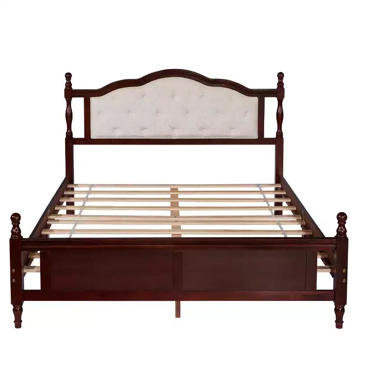 MATEERTY Queen Pine Wooden Bed with Panel Footboard with Two Bed Rail Support Feet and Central Platform Support Feet Brown