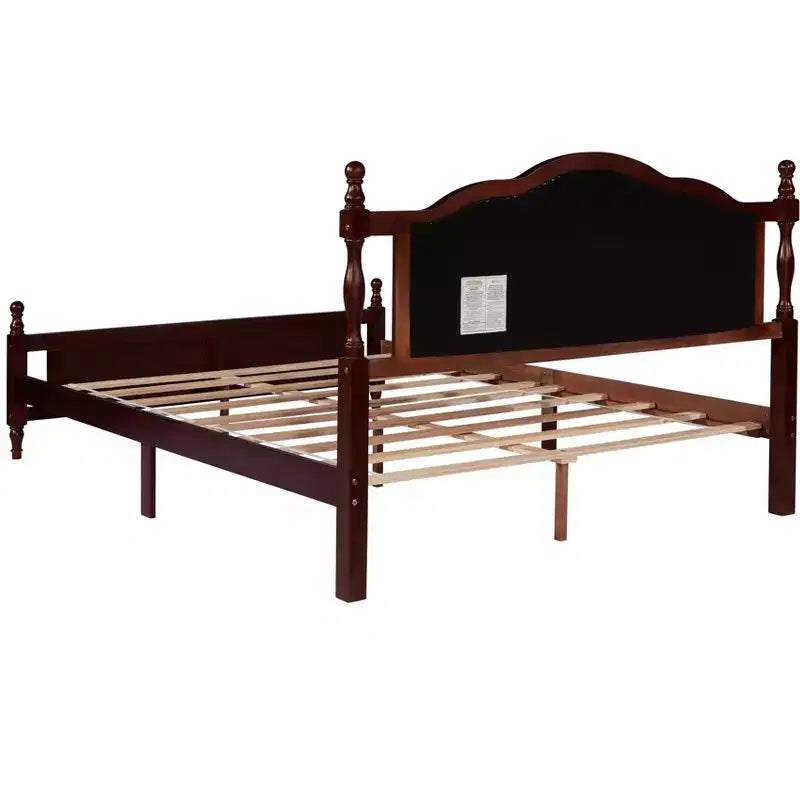 MATEERTY Queen Pine Wooden Bed with Panel Footboard with Two Bed Rail Support Feet and Central Platform Support Feet Brown