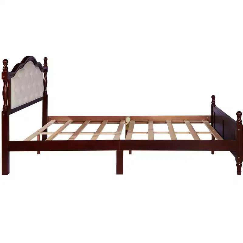 MATEERTY Queen Pine Wooden Bed with Panel Footboard with Two Bed Rail Support Feet and Central Platform Support Feet Brown