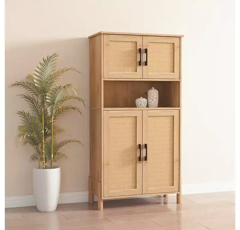 GDFStudio Malphite Mid-Century Modern 23.6'' Storage Cabinet with Woven Rattan Doors and Adjustable Shelves