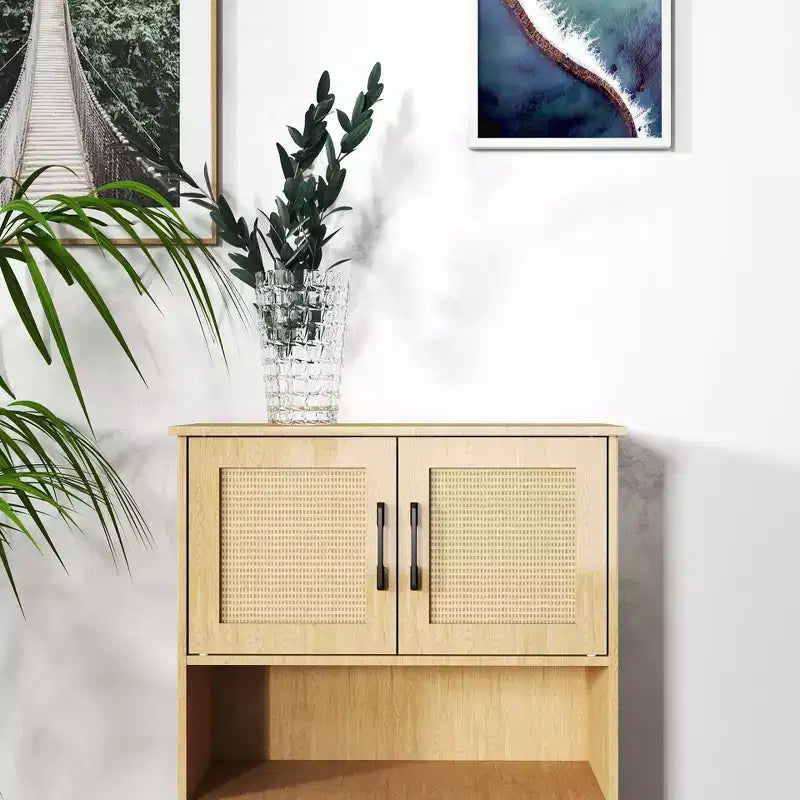 GDFStudio Malphite Mid-Century Modern 23.6'' Storage Cabinet with Woven Rattan Doors and Adjustable Shelves