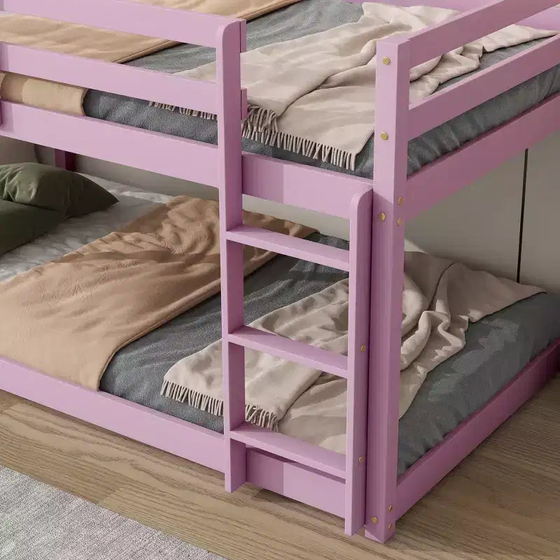 MATEERTY Solid Wooden, Twin Floor Bunk Bed wit Ladder, Upper and Bottom Bed Platforms Crafted with Stregthened Slats Pink
