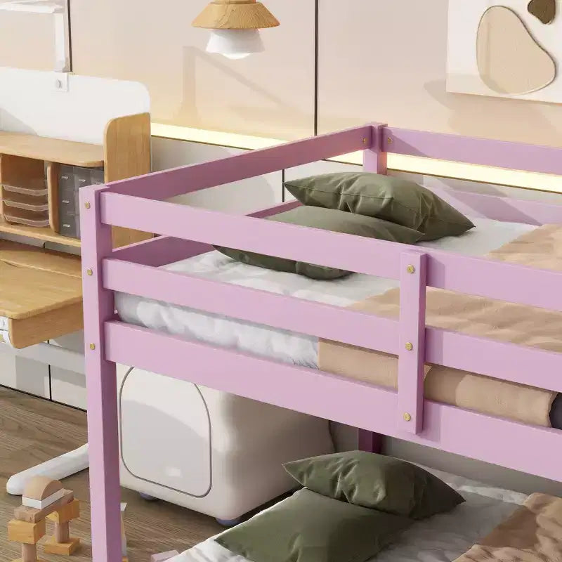 MATEERTY Solid Wooden, Twin Floor Bunk Bed wit Ladder, Upper and Bottom Bed Platforms Crafted with Stregthened Slats Pink
