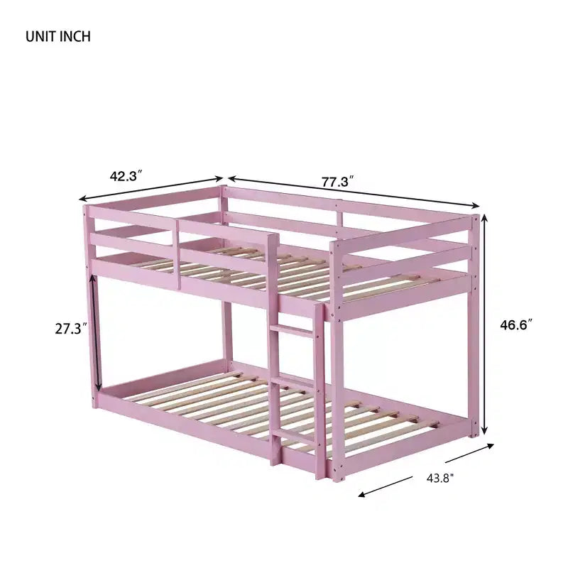 MATEERTY Solid Wooden, Twin Floor Bunk Bed wit Ladder, Upper and Bottom Bed Platforms Crafted with Stregthened Slats Pink