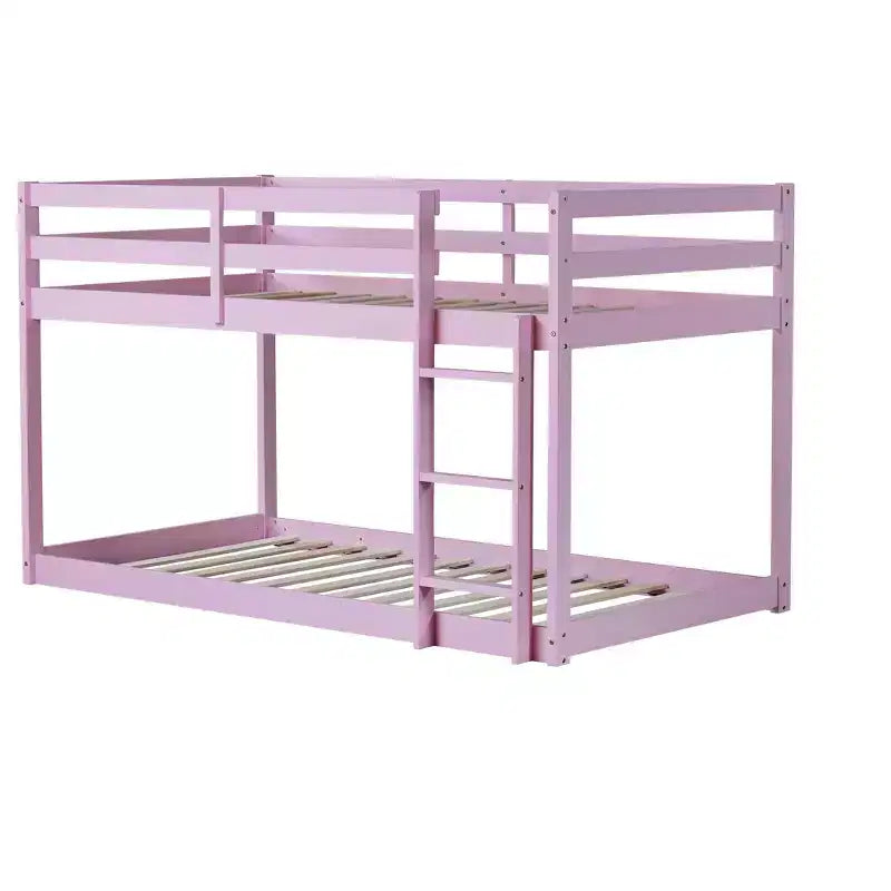 MATEERTY Solid Wooden, Twin Floor Bunk Bed wit Ladder, Upper and Bottom Bed Platforms Crafted with Stregthened Slats Pink