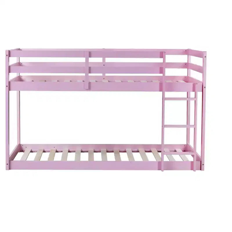 MATEERTY Solid Wooden, Twin Floor Bunk Bed wit Ladder, Upper and Bottom Bed Platforms Crafted with Stregthened Slats Pink
