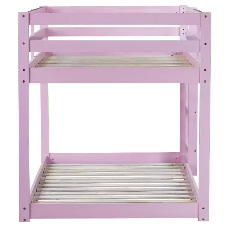 MATEERTY Solid Wooden, Twin Floor Bunk Bed wit Ladder, Upper and Bottom Bed Platforms Crafted with Stregthened Slats Pink