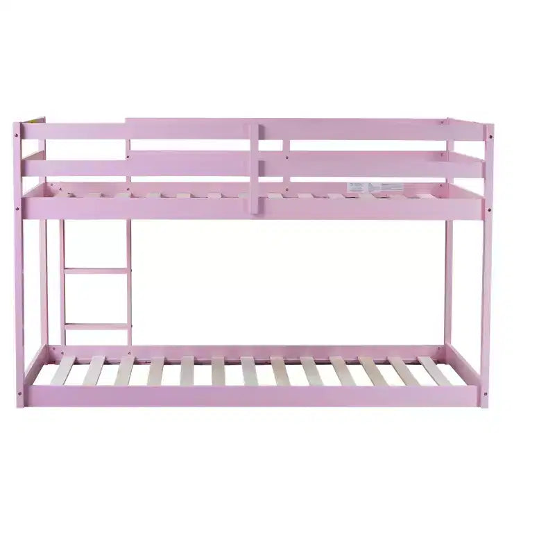 MATEERTY Solid Wooden, Twin Floor Bunk Bed wit Ladder, Upper and Bottom Bed Platforms Crafted with Stregthened Slats Pink