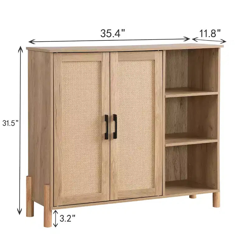 GDFStudio Riven Mid-Century Modern 35.4'' Storage Cabinet with Woven Rattan Doors, Open Shelves and Adjustable Shelves