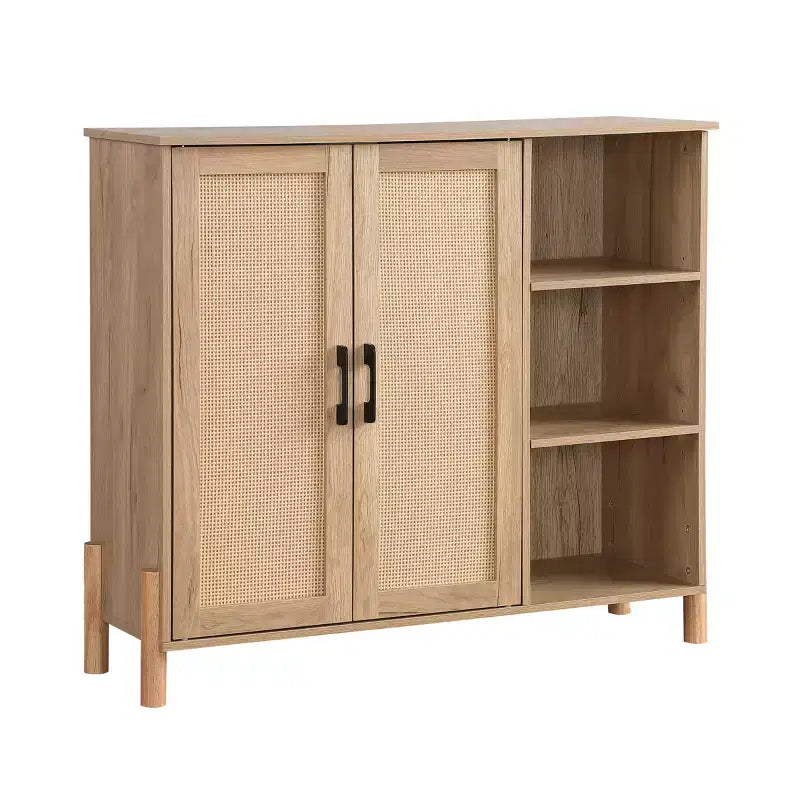 GDFStudio Riven Mid-Century Modern 35.4'' Storage Cabinet with Woven Rattan Doors, Open Shelves and Adjustable Shelves