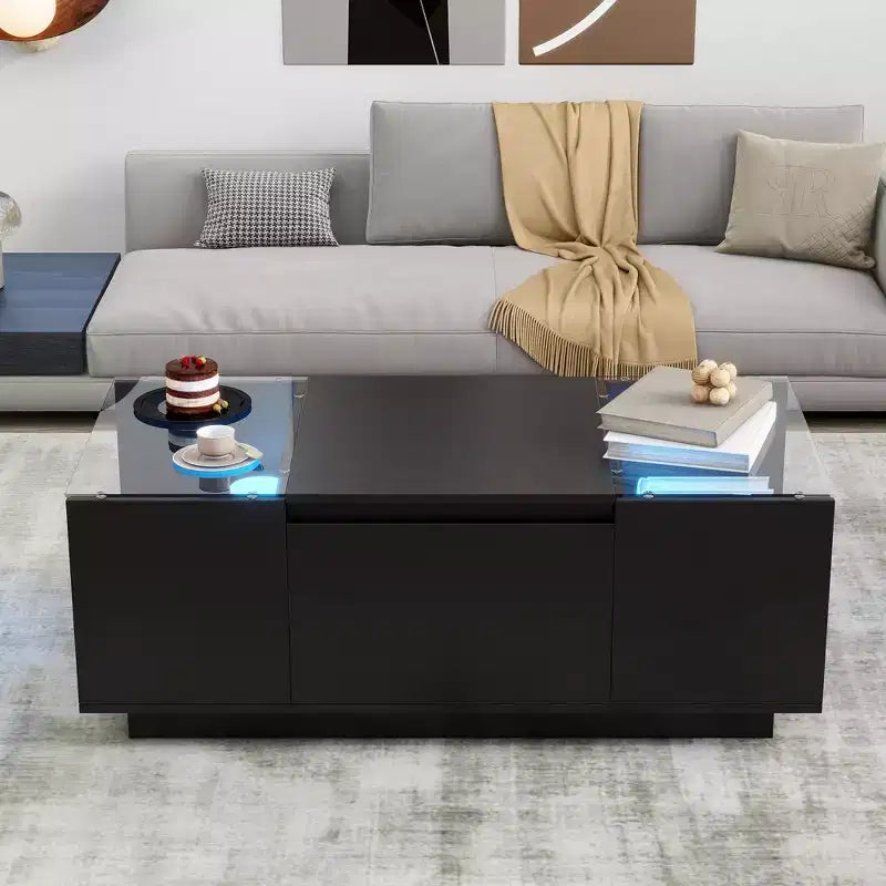 CLIHOME Modern LED Center Table with Glass Tabletop, Coffee Table with Open Storage Compartment and 2 Hidden Drawers