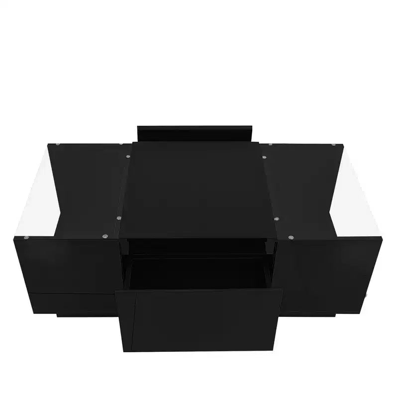 CLIHOME Modern LED Center Table with Glass Tabletop, Coffee Table with Open Storage Compartment and 2 Hidden Drawers