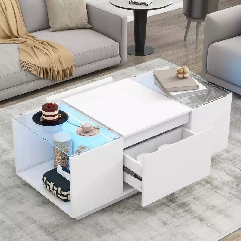 CLIHOME Modern LED Center Table with Glass Tabletop, Coffee Table with Open Storage Compartment and 2 Hidden Drawers