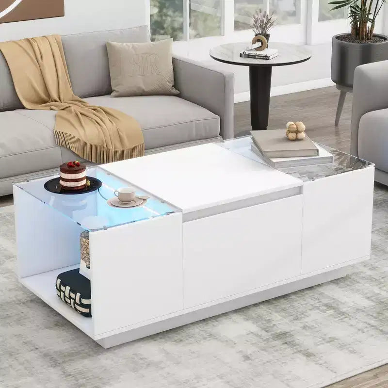 CLIHOME Modern LED Center Table with Glass Tabletop, Coffee Table with Open Storage Compartment and 2 Hidden Drawers