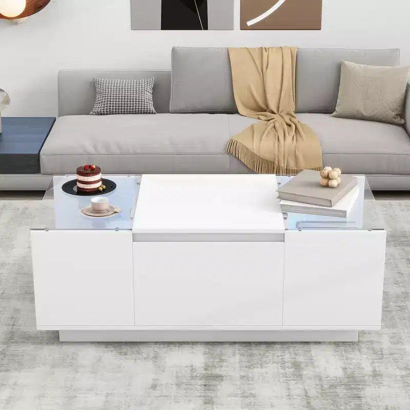 CLIHOME Modern LED Center Table with Glass Tabletop, Coffee Table with Open Storage Compartment and 2 Hidden Drawers