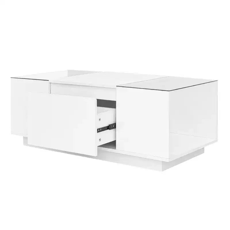 CLIHOME Modern LED Center Table with Glass Tabletop, Coffee Table with Open Storage Compartment and 2 Hidden Drawers
