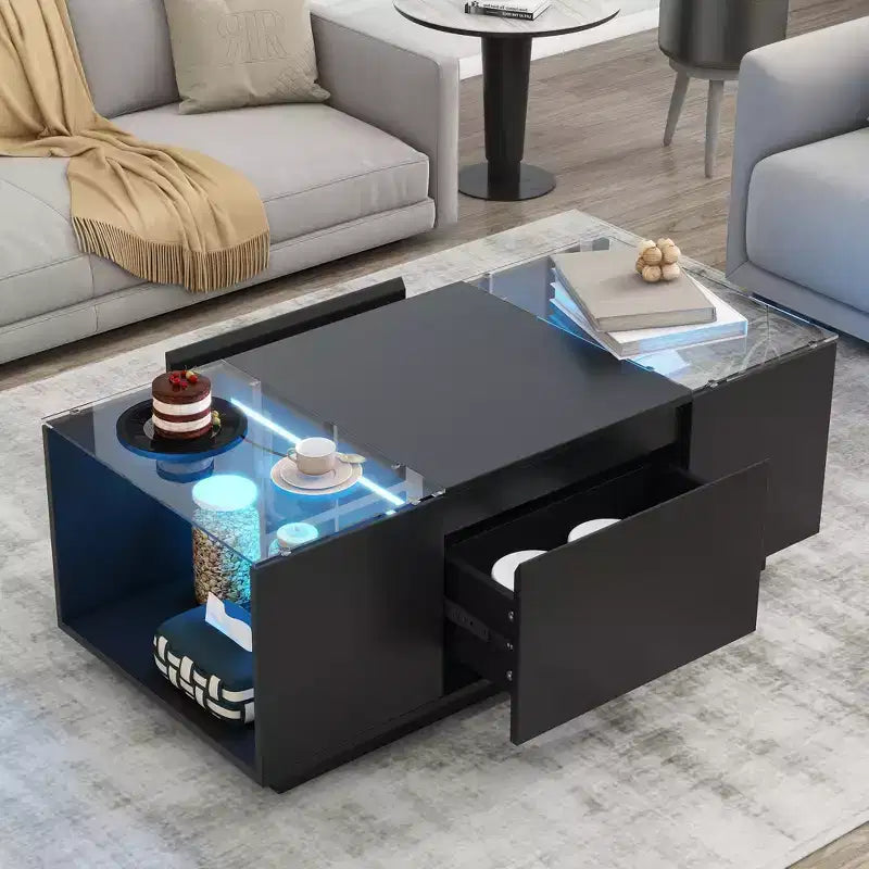 CLIHOME Modern LED Center Table with Glass Tabletop, Coffee Table with Open Storage Compartment and 2 Hidden Drawers