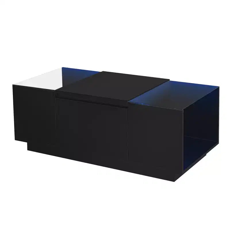CLIHOME Modern LED Center Table with Glass Tabletop, Coffee Table with Open Storage Compartment and 2 Hidden Drawers