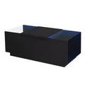 CLIHOME Modern LED Center Table with Glass Tabletop, Coffee Table with Open Storage Compartment and 2 Hidden Drawers