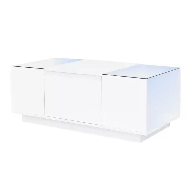 CLIHOME Modern LED Center Table with Glass Tabletop, Coffee Table with Open Storage Compartment and 2 Hidden Drawers